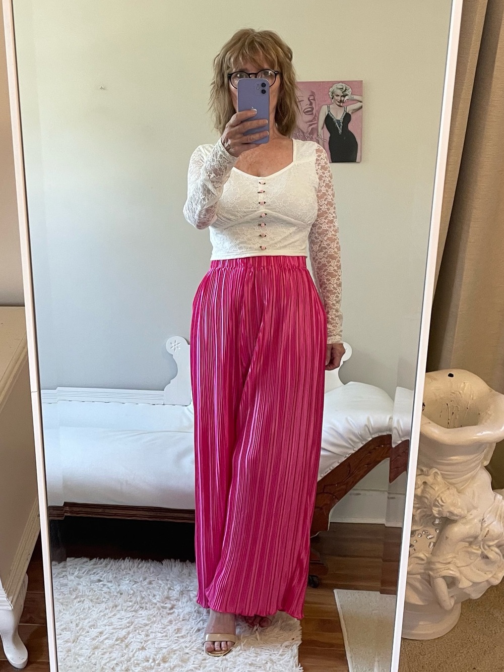 HOT PINK CRINKLE PLEATED WIDE LEG LOUNGING PANTS STRETCH WAIST SHIMMERY